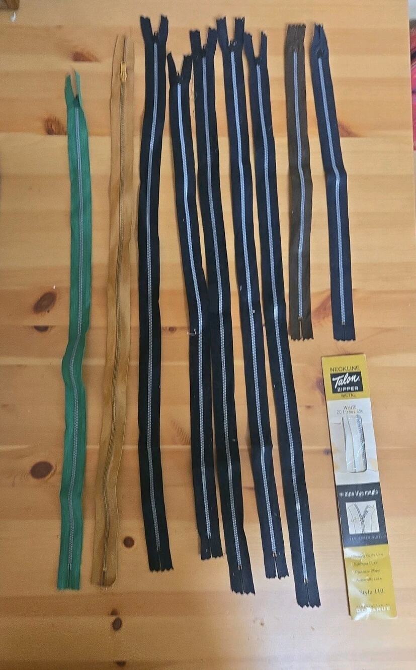 Lot of 10 Vintage Zippers Talon- and Others 1 in Package Misc Colors and Length